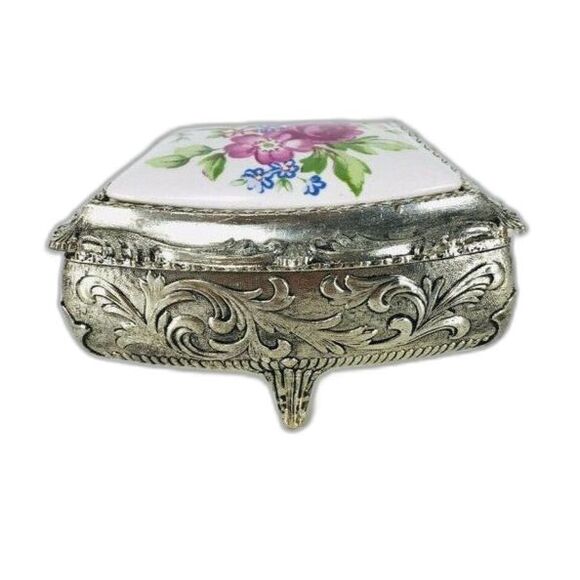 Vintage Silver and Porcelain Hand Painted Velvet Lined Jewelry Box Made Japan - Picture 7 of 12